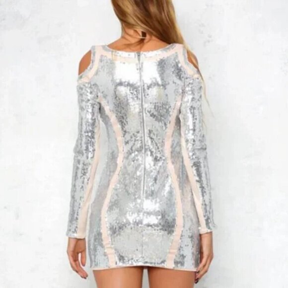 Silver Sequin Mini Dress with cold shoulder details - Picture 4 of 5